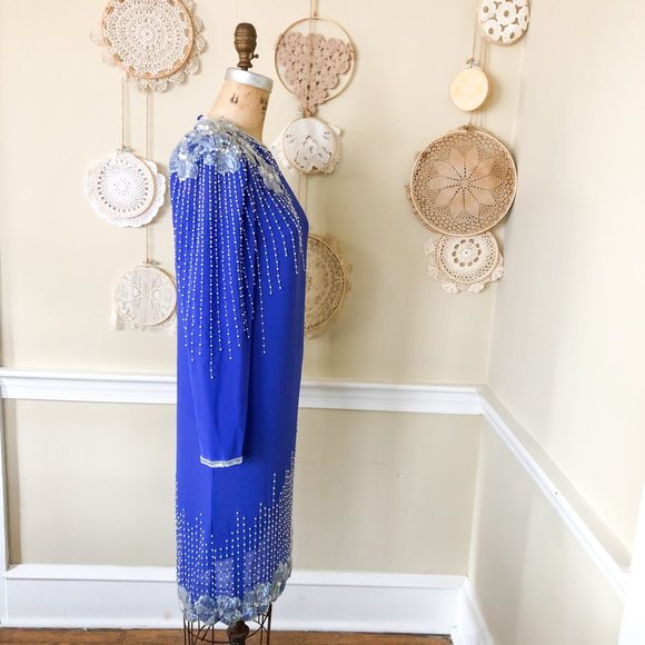 SOLD Vintage 1980s Blue Beaded Sequin Shift Dress - Picture 2 of 7